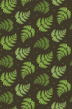 Motif à plat : frondes de fougère vert pomme et vert mousse semées sur un fond brun sombre.