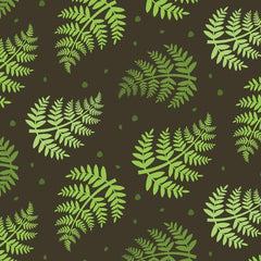 Gros plan de l'impression : folioles dentelées d'une fronde et points verts sur fond brun.