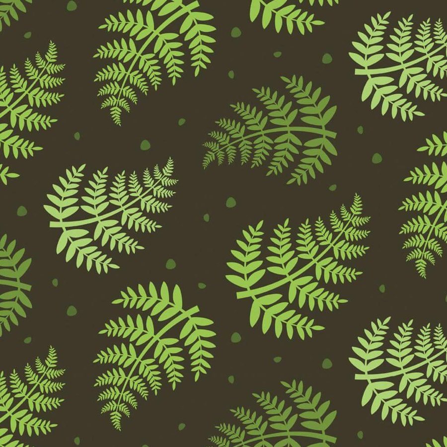 Gros plan de l'impression : folioles dentelées d'une fronde et points verts sur fond brun.