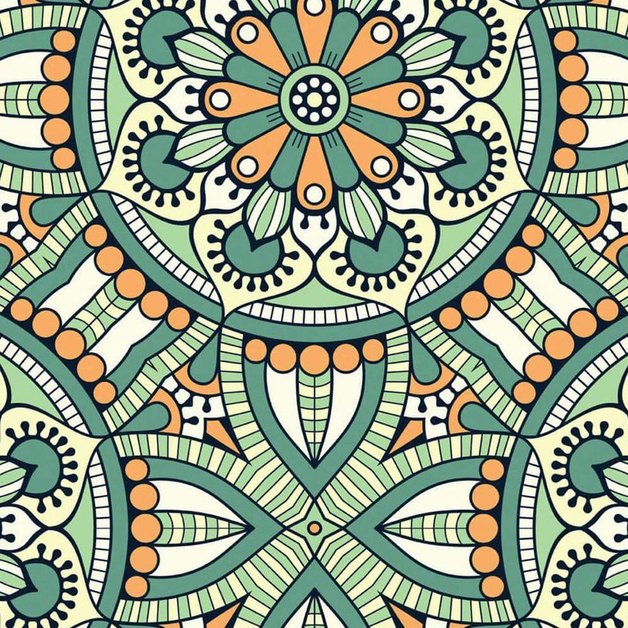 Gros plan de l'impression : couronne de perles orange et feuilles vert d'eau rayées, cernées d'un trait bleu nuit.