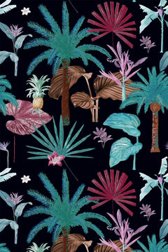 Le décor à plat : palmiers turquoise, palmes rose framboise et feuilles violettes sur un fond noir.