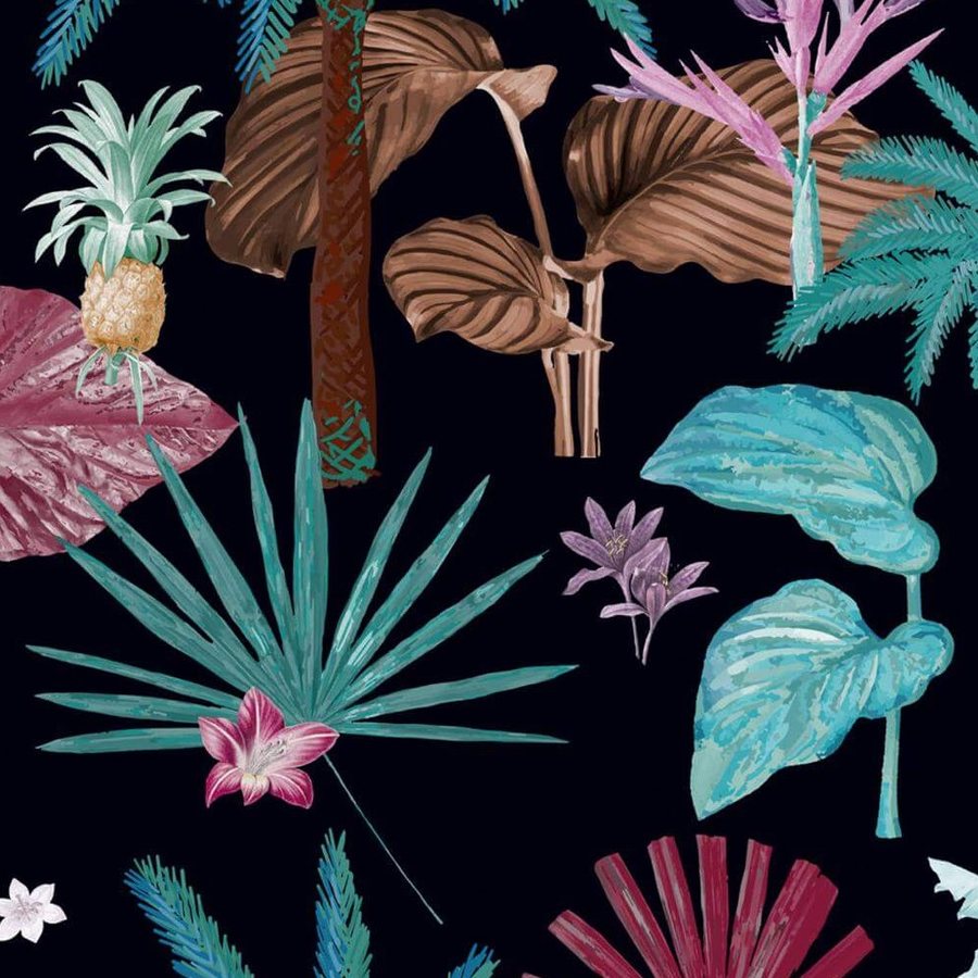 Gros plan sur l'impression : hachures fines d'une palme turquoise et bord rose framboise sur le noir.