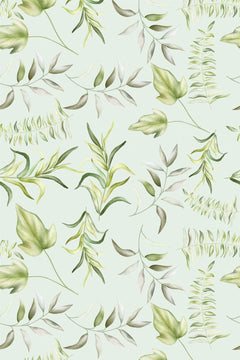 Motif à plat : branches de fougère et feuilles de lierre aquarellées, vert amande et olive sur fond vert d'eau