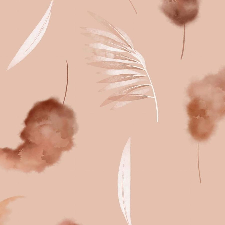 Gros plan de l'impression : dégradé aquarellé d'un plumet, du brun roux au beige rosé.