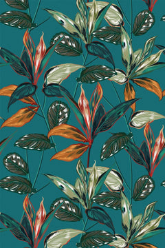 Le décor à plat : feuillages vert sombre mouchetés de blanc et feuilles orange rouille sur fond bleu paon.