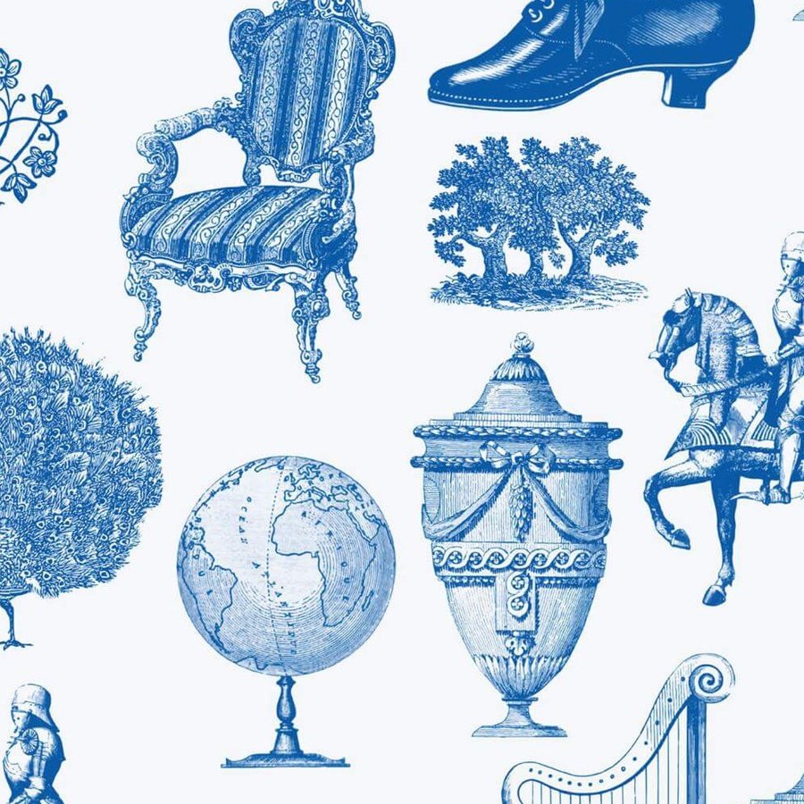 Gros plan de l'impression : hachures bleu roi formant les ombres d'un vase, trait serré sur le blanc.