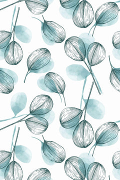 Branches d'eucalyptus au trait bleu encre et taches d'aquarelle turquoise sur fond blanc.