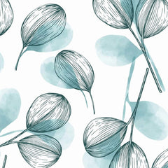 Gros plan sur l'impression : nervures fines d'une feuille et bord diffus d'une tache turquoise.