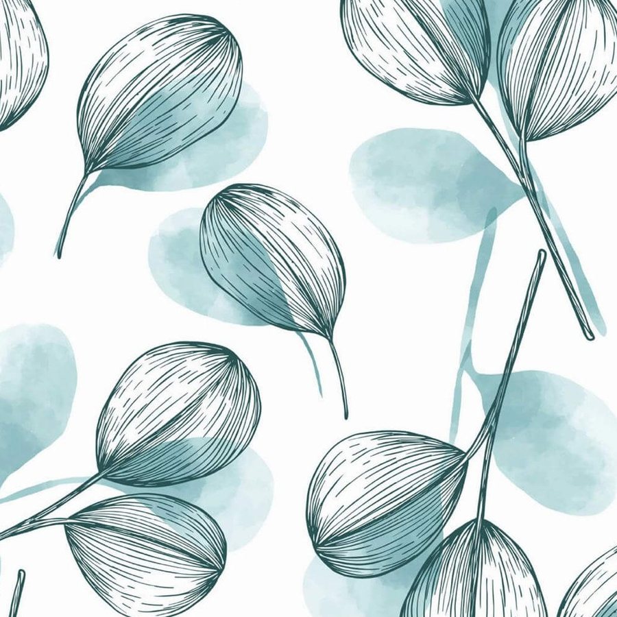 Gros plan sur l'impression : nervures fines d'une feuille et bord diffus d'une tache turquoise.