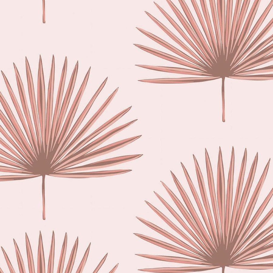 Gros plan sur l'impression : folioles étroites d'une palme et dégradé du rose foncé vers le rose clair.