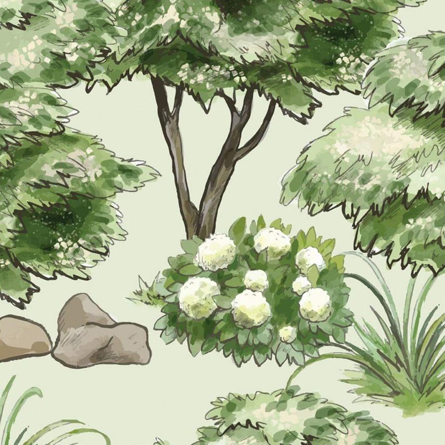 Gros plan de l'impression : touches d'aquarelle superposées dans un houppier, fleurs blanches et tronc brun.
