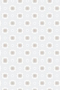 Motif à plat de petites rosaces beige doré en quinconce sur fond gris perle quadrillé en diagonale