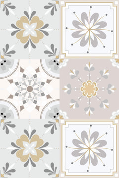 Motif à plat : damier de carreaux de ciment alternant rosaces grises, sable doré et taupe sur fonds clairs
