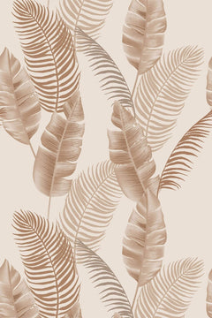 Motif à plat : grandes palmes et feuilles de bananier en dégradé terracotta et rosé sur fond sable