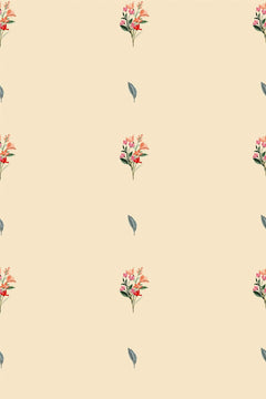 Motif à plat : semis régulier de petits bouquets corail et rouge brique sur fond crème, ponctué de feuilles bleu-gris isolées