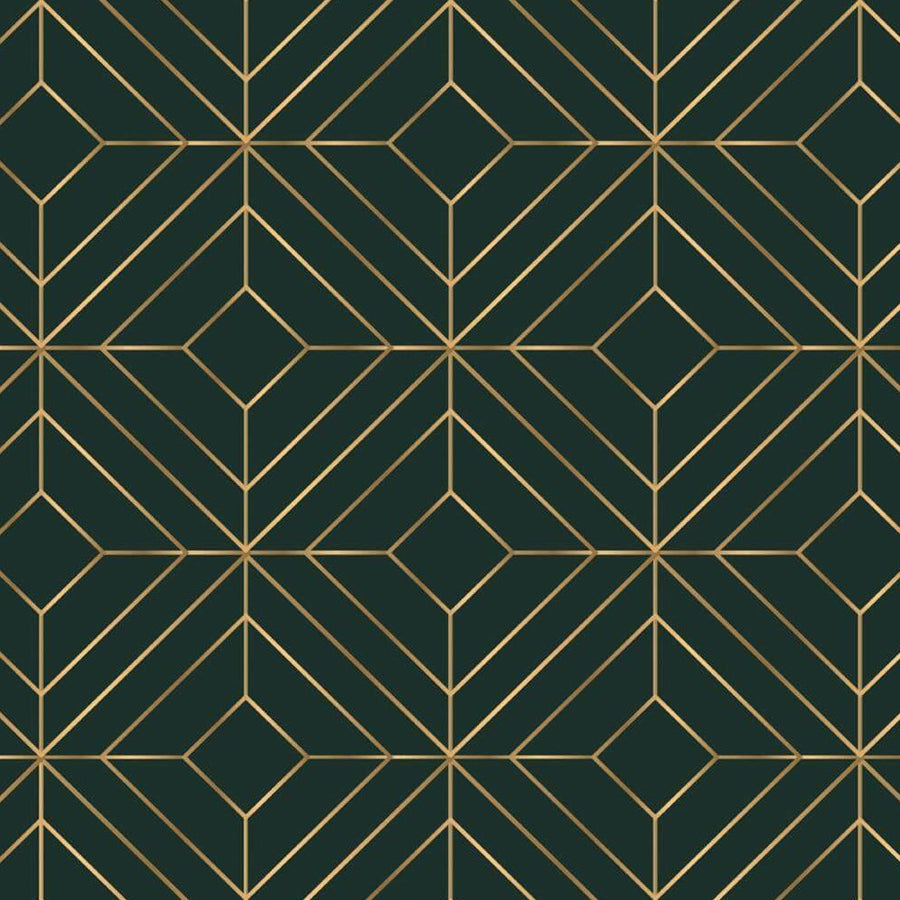 Gros plan de l'impression : croisement en étoile à huit branches de fins traits dorés sur le vert sapin, sans épaisseur ni ombre portée.