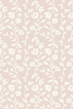 Motif à plat de lianes et petites fleurs blanches en silhouette sur fond rose poudré