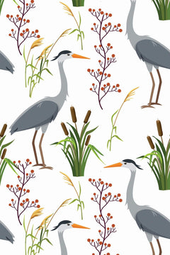 Motif à plat : hérons gris au bec orange, massettes vertes et branches à baies rouges sur fond blanc.