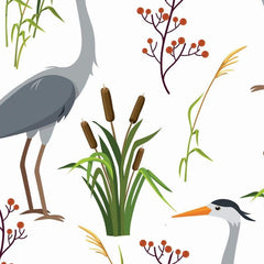 Gros plan de l'impression : plumes grises de l'aile et grappe de baies corail sur le blanc.