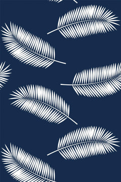 Le décor à plat : de grandes palmes blanches dispersées sur un fond bleu marine profond.