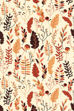 Motif à plat : feuilles de chêne, fougères, épis et baies en terracotta, brique et moutarde sur fond crème.