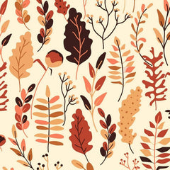 Gros plan sur l'impression, aplat terracotta d'une feuille de chêne et petites baies noires.