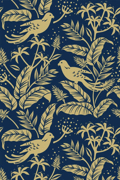 Motif à plat : perruches et feuillages ocre doré en aplat sur un fond bleu nuit.