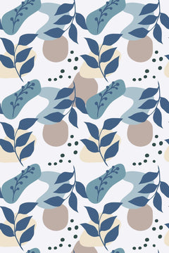 Motif de formes organiques pastel et de feuilles bleu marine sur fond blanc lilas, vu à plat