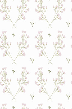 Motif à plat : bouquets de petites fleurs rose poudré sur tiges vert sauge, fond blanc