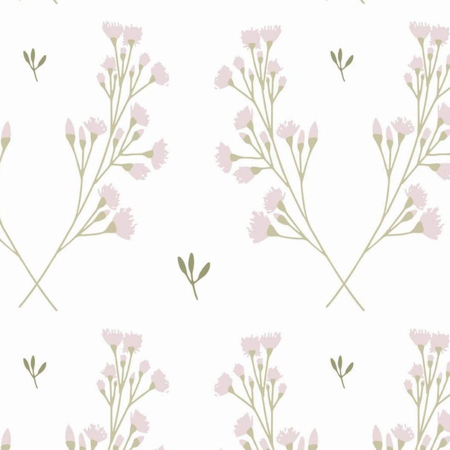 Gros plan sur l'impression : les grappes roses et le trait vert olive d'une feuille isolée