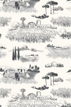Motif à plat : grange, éolienne, champs labourés, cyprès et vaches dessinés à l'encre noire sur fond ivoire.