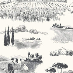 Gros plan sur l'impression, hachures noires d'un champ labouré et contour d'un arbre sur l'ivoire.