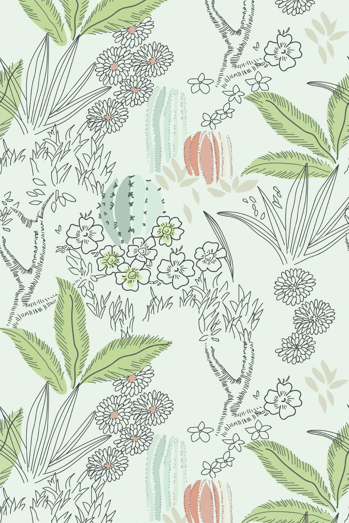 Cactus au Trait Vert Menthe, le motif seul