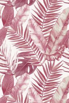 Motif à plat : palmes et grandes feuilles à l'aquarelle, du rose framboise au rose pâle, sur fond blanc.