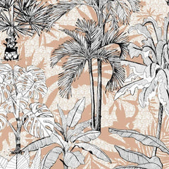 Gros plan sur l'impression : les nervures noires d'une palme et la trame du fond abricot