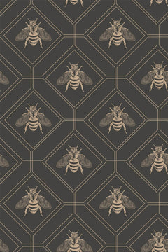 Le décor à plat : abeilles beiges centrées dans un réseau d'hexagones sur un fond brun très sombre.