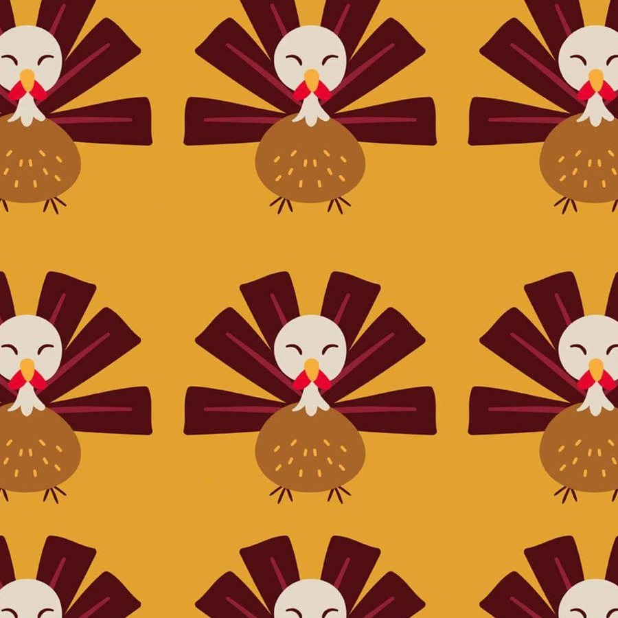 Gros plan de l'impression : éventail de plumes bordeaux et bec rouge sur l'aplat moutarde.