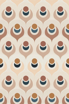 Le motif à plat : rangées de gouttes cernées de lignes concentriques, cercles ocre et croissants bleu pétrole sur fonds sable et taupe.