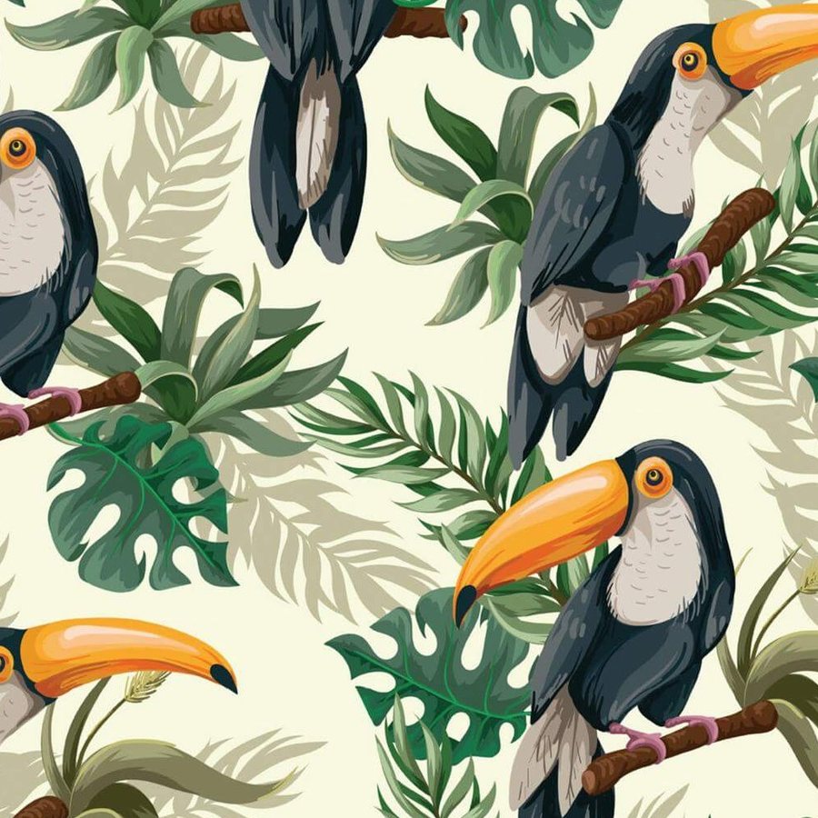 Gros plan de l'impression : nervures d'une feuille de monstera et bec orange contre le fond clair.
