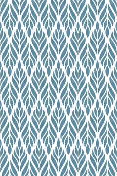 Le décor à plat : feuilles pointues bleu acier tressées en colonnes serrées sur un fond blanc.
