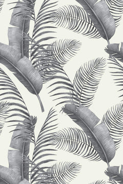 Motif à plat : grandes palmes et feuilles de bananier en gris anthracite et gris perle sur fond ivoire.