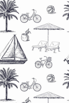 Le décor à plat : croquis anthracite de palmiers, vélos, voilier et parasol sur fond blanc.