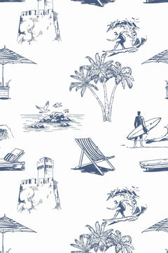 Le décor à plat : scènes de bord de mer dessinées en bleu marine sur fond blanc, parasols, palmiers et surfeurs.