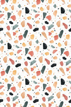 Le décor à plat : éclats corail, abricot, moutarde, anthracite et vert sauge sur fond blanc cassé moucheté