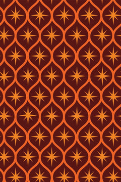 Le décor à plat : ogives orange et étoiles à huit branches sur un fond brun acajou.