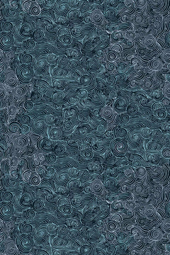 Le décor à plat : spirales serrées au trait bleu-vert sur un fond bleu canard foncé, sans motif central.