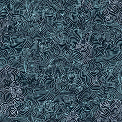 Gros plan de l'impression : les traits fins des spirales et le relief apparent du bleu canard sombre.