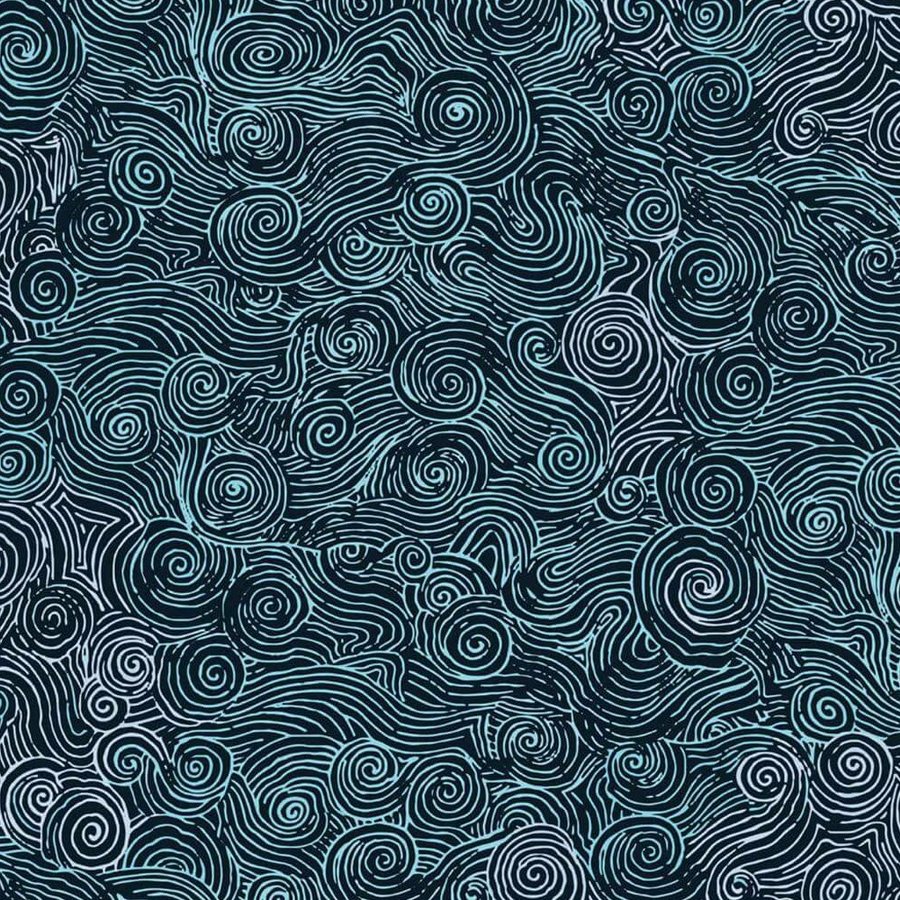 Gros plan de l'impression : les traits fins des spirales et le relief apparent du bleu canard sombre.