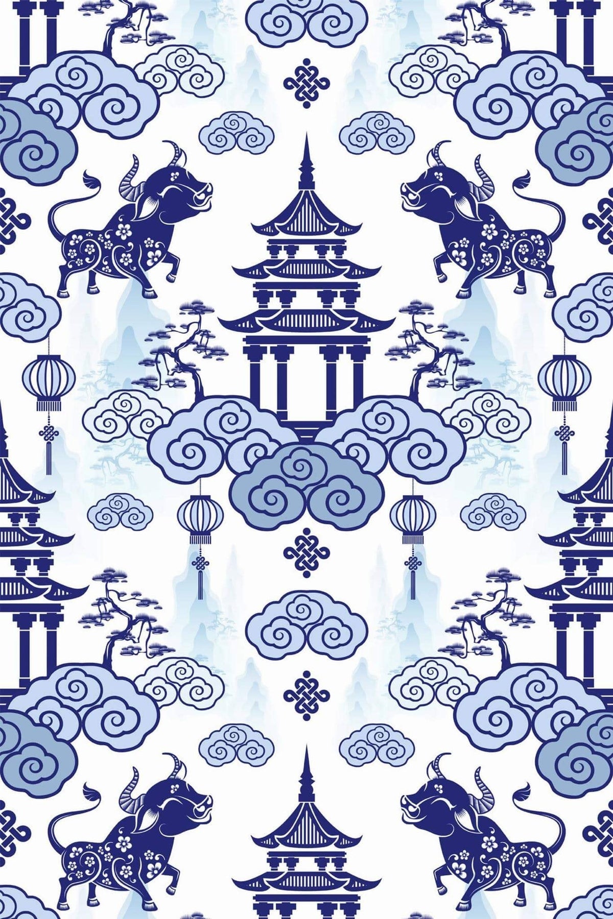 Pagodes et Buffles Bleu Porcelaine, le motif seul