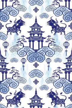Le décor à plat : pagodes, buffles, pins et nuages enroulés en bleu cobalt et bleu délavé sur fond blanc.